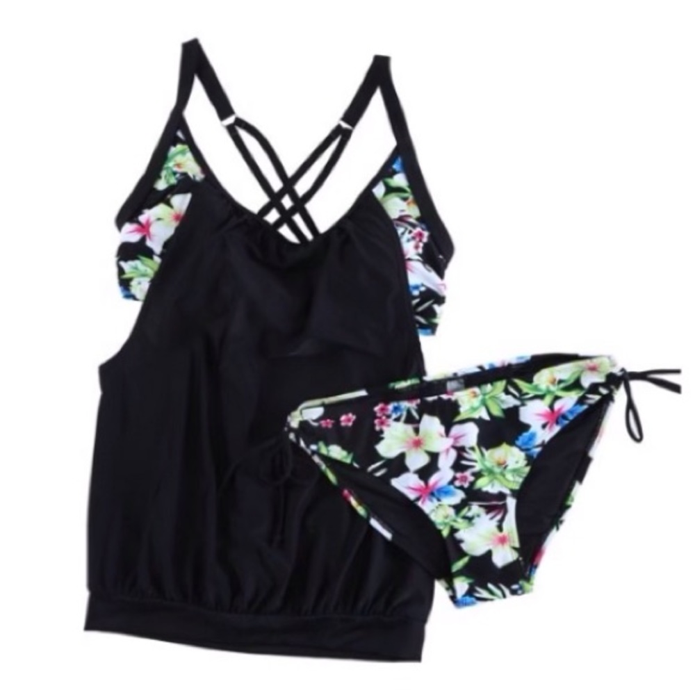 Side feel  Women's Tankini Top with Shorts Two Pieces Swimsuit Set Black Floral